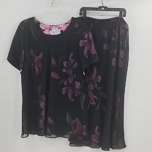 Vintage 90's Jessica Howard Black Floral Overlay 2 Piece Set Size 22 Petite